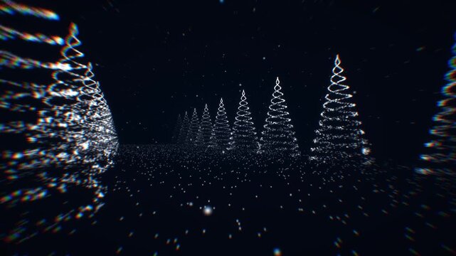 Christmas tree landscape of bright cyan glitch particles in a wide dark 3D animation with chromatic aberration for cyber holiday themes