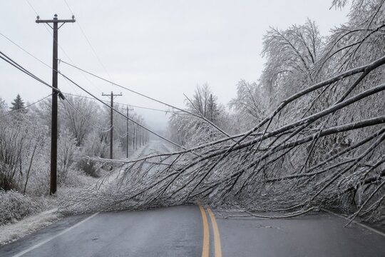 Ice coated branches damaging power lines after a destructive winter ice storm for winter weather safety, infrastructure and insurance campaigns