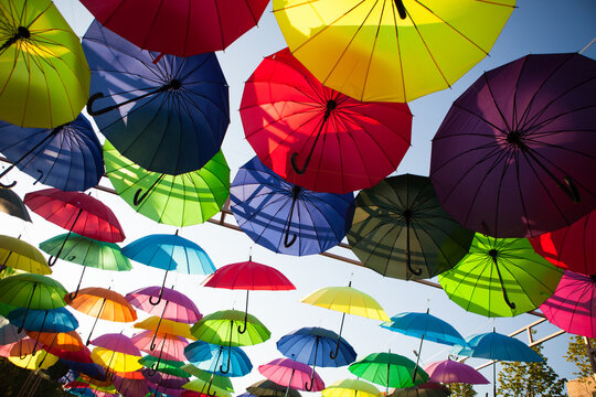 Multicolored umbrellas arranged in a lively overhead pattern, vibrant decorative display, creative background, summer festival.