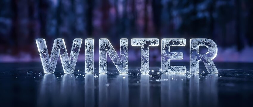 Icy winter text with glowing crystalline letters on frozen surface