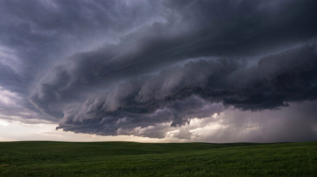 Rotating supercell thunderstorm with layered shelf cloud spreading over rolling green grassland at dusk showing dramatic severe weather formation and storm chasing landscape