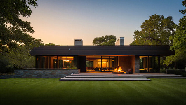 Modern luxury residential architecture with backyard fire pit and manicured lawn at twilight