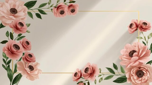 Pastel Pink Flower Frame with Blossom Petal Green Leaf Border on Beige Background