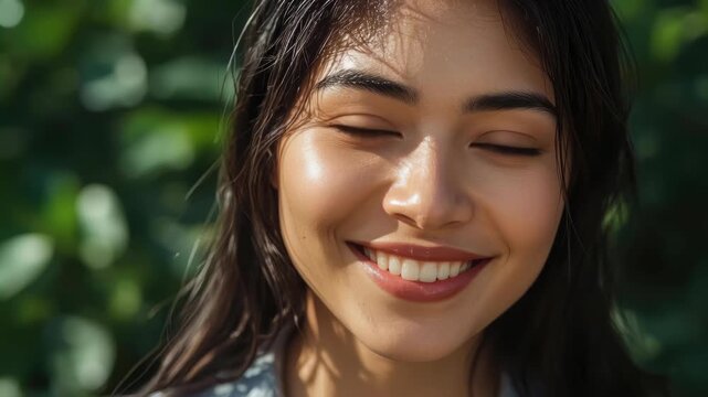 Smiling Young Woman Portrait in Natural Light with Green Outdoor Background and Soft Smile