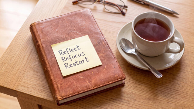 Reflect refocus restart journal note with tea cup for mindfulness self improvement and personal growth practice