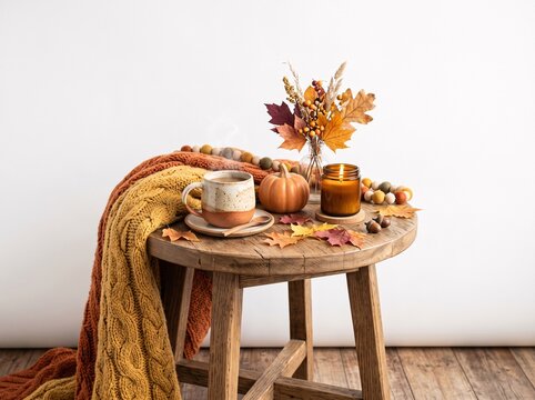 Cozy autumn coffee table styled with a warm knitted blanket, pumpkin decorations, coffee cup, autumn leaves and seasonal flowers against a clean light background