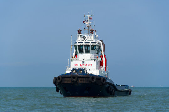 Close-up of VB Deauville tug boat on English Channel at French city of Le Haver on a sunny summer day. Photo taken July 14th, 2026, Le Havre, Normandie, France.