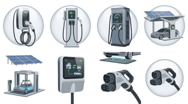 This artwork displays a set of electric vehicle charging stations and icons. Several designs for charging options and solar power are included.