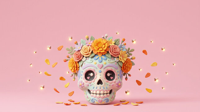 A cute 3D clay illustration of a pastel sugar skull wearing a vibrant flower crown, surrounded by floating petals and glowing fireflies against a solid pink background.