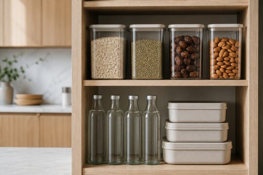 Ramadan suhoor pantry shelf with oats, lentils, dates, nuts and reusable containers for respectful food, hospitality and community campaigns