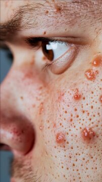 Close-up of a man showing acne and scarring on his skin.