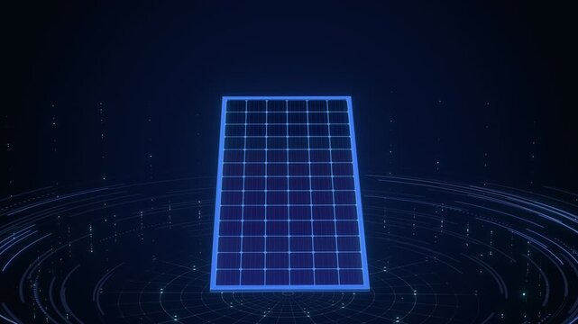 Digital holographic solar panel hovering over a virtual turntable, a glowing renewable energy concept for widescreen science presentations.
