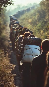 Hikers walking single file up a dirt path in the wilderness. They are wearing colorful clothing and each has a large pack on their backs.