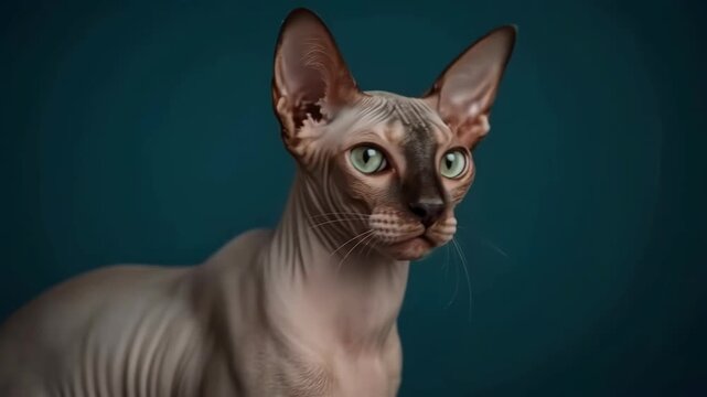 Hairless cat portrait, alert gaze, green eyes, teal background, domestic animal pet feline