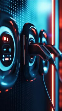 A wall-mounted charging station with multiple ports for electronic devices in a dark room illuminated by neon lights.