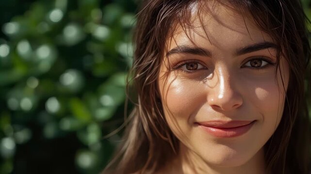 Smiling woman portrait sunlight with green blurred background, natural light and green background