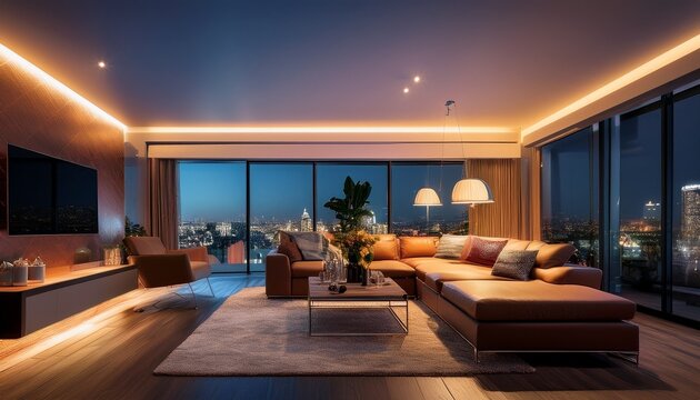 modern luxury living room interior with captivating warm led lighting and cool urban night ambiance creating cozy and stylish domestic home space virtual background concept