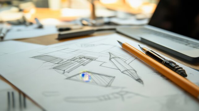 Architectural Sketching Process with Pencil and Tools on Office Desk