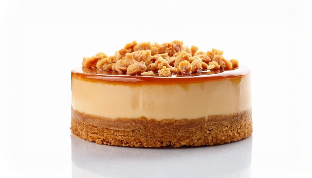 mini caramel cheesecake with graham cracker crust and crunchy topping isolated on white background