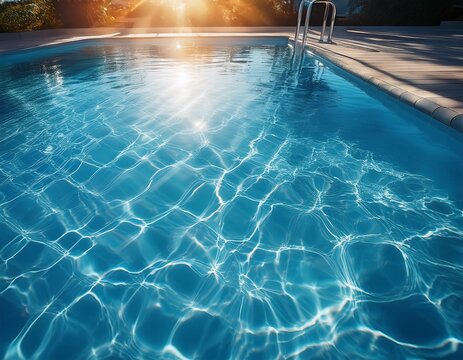 clear water in swimming pool with ripple in clean aqua liquid summer wallpaper blue background and reflection of sunlight on water surface