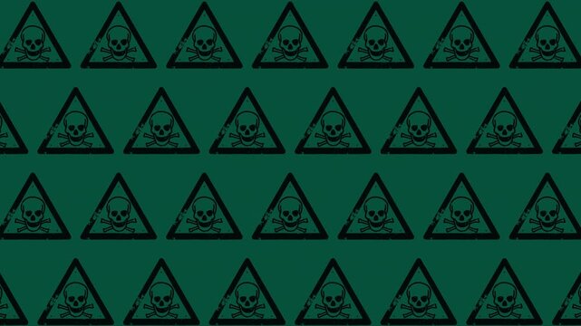Hazardous skull warning signs create a dark green seamless loop background.