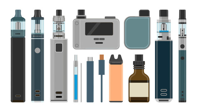 Electronic Cigarette and Vape Device Vector Icon Set Featuring Vape Pens Box Mods Disposable Pods Liquid Bottle Charging Cables and Cartridges