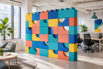 Fototapeta premium Office space that features a unique partition wall made from colorful blocks. The flooring is made of light-colored concrete, providing a modern and industrial feel to the space.