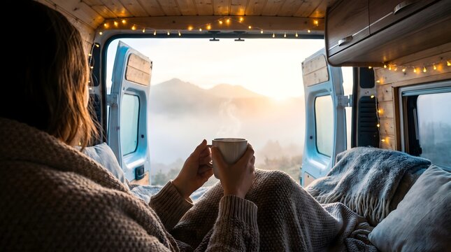 Woman with hot drink in camper van looking at mountain sunrise