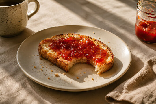 A rustic, high-resolution photograph captures a freshly prepared breakfast scene. The jam appears to be homemade, as indicated by its uneven spread and the visible specks within the filling.
