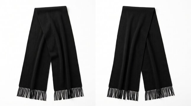 Black knit wool scarves with fringe displayed side-by-side on a white background