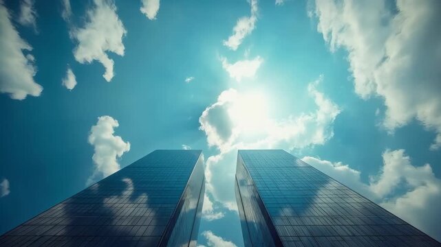 Blue Glass Tower Under Bright Sun and Cloudy Sky Urban Skyline
