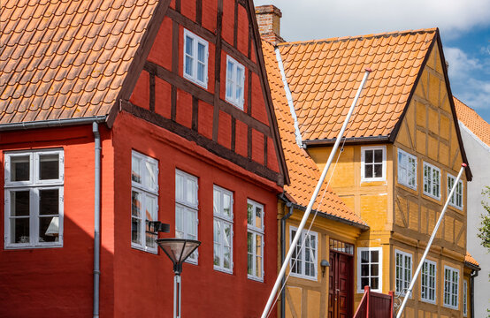 Historic Old Town Architecture in Haderslev Denmark with Traditional Street Lamps