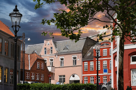 Historic Old Town Architecture in Haderslev Denmark with Traditional Street Lamps