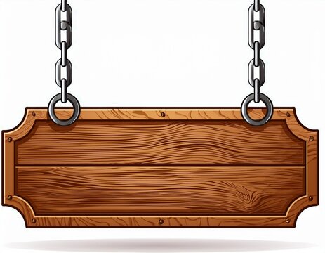 wooden sign hanging on a chain isolated on white