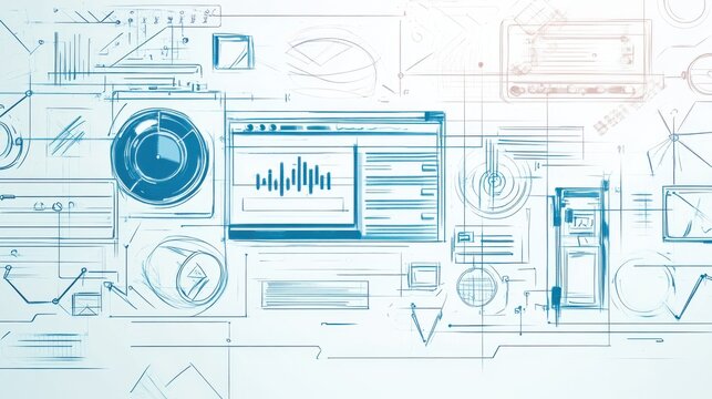 Abstract Digital Interface Blueprint with Data Analytics Charts