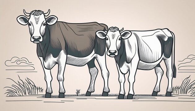 simple line drawing of two cows one standing one grazing