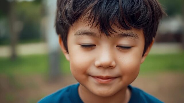 Young Asian boy smiling outdoors in park, child portrait, close up, serious expression, face view