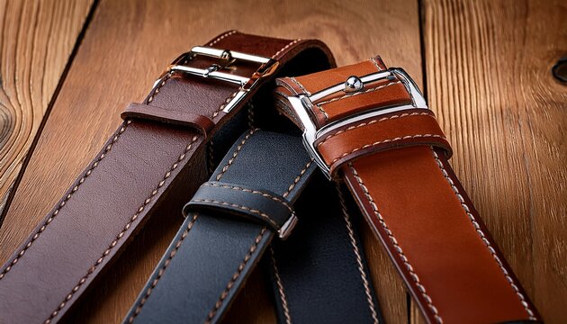 close up of leather straps with contrast stitching on wood