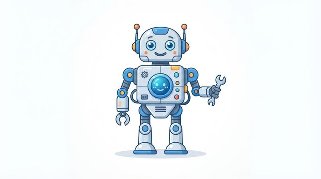 Playful blue cartoon robot illustration featuring a friendly android character with futuristic mechanical design and circuitry.
