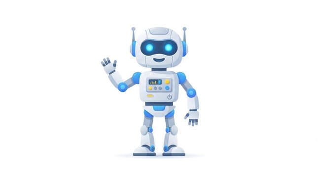 Friendly blue robot mascot waving hello in a futuristic digital design.