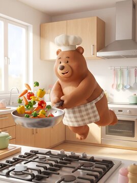 Cute cartoon bear chef tossing vegetables in a frying pan