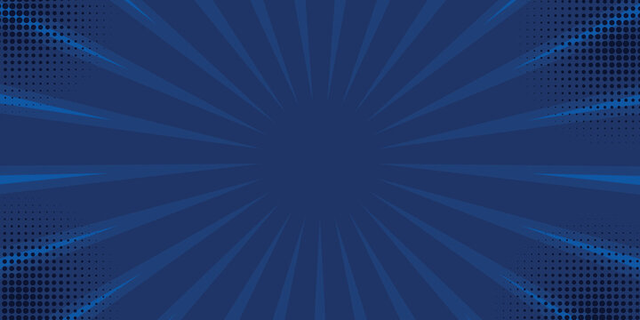 Dark blue comic-style background with radial burst lines and halftone patterns. Bold and energetic design ideal for superhero themes, gaming visuals, and action-packed content.