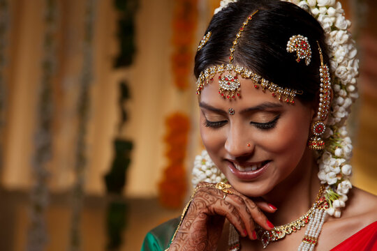 Traditional Indian woman looking down 