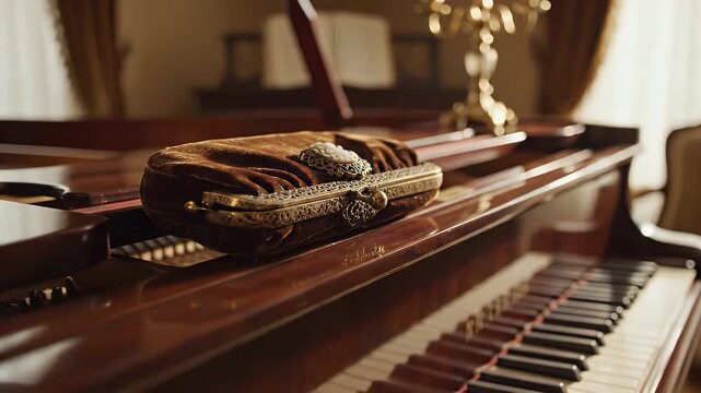 Vintage velvet clutch purse with ornate clasp and cameo resting on a polished grand piano keyboard, elegant still life.