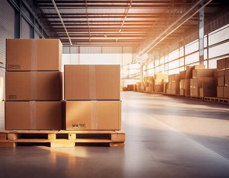 cardboard boxes on a wooden pallet inside a warehouse this image depicts logistics and shipping themes for business