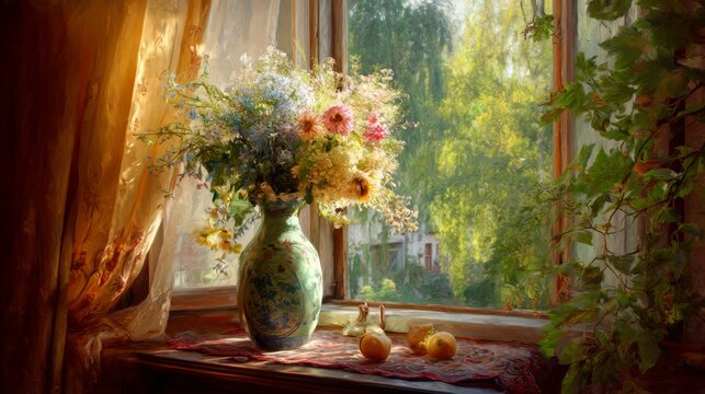 Elegant flower vase with fresh bouquet on a table beside a bright window, cozy home interior with natural sunlight, floral decoration, peaceful atmosphere, and stylish living space