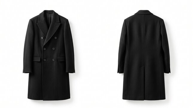 Front and back view of a classic black wool double-breasted overcoat for professional winter attire isolated on a clean white background