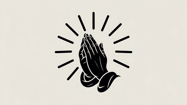 Black and white praying hands icon with glowing rays