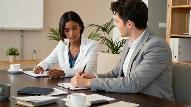 Two diverse business professionals discussing paperwork during a meeting in a modern office. Corporate teamwork, business strategy, and collaboration concept in a work environment.