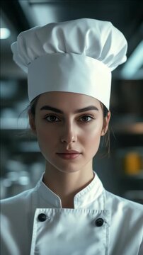 Professional chef in white uniform and toque. Focused gaze, steady posture, confident expression. Kitchen background softly blurred. High-resolution video for culinary or food-related projects
